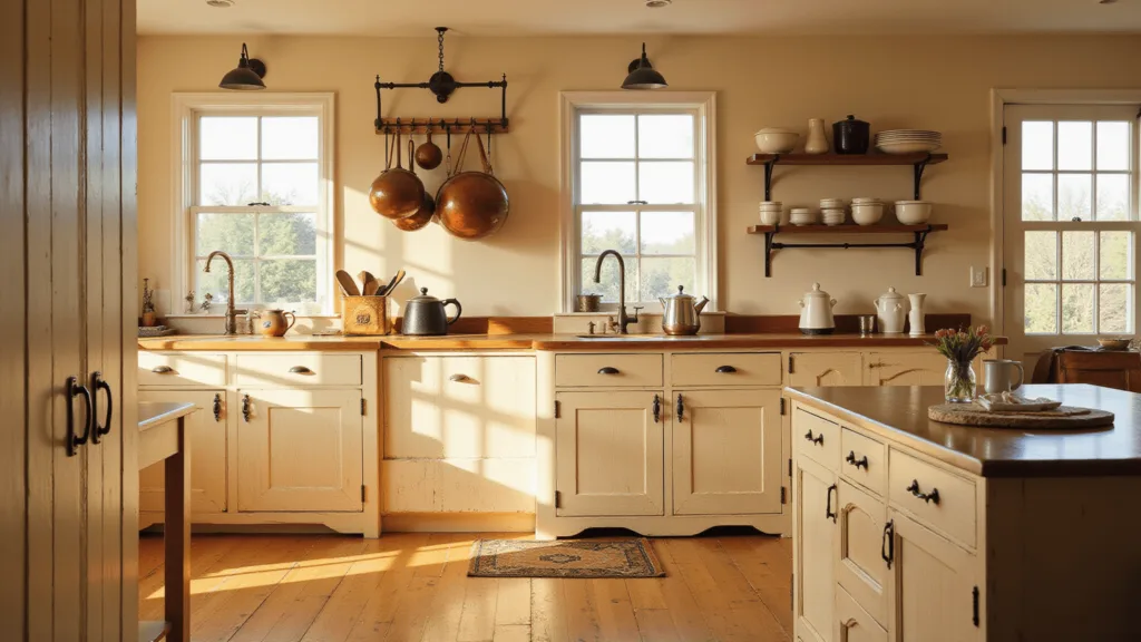 "Rustic farmhouse kitchen with cream cabinets, antique brass hardware, oak flooring, and vintage copper pots, bathed in warm sunset light"