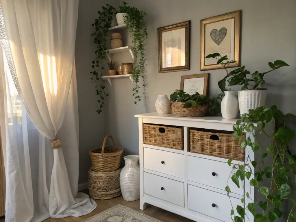 "Small vintage bedroom with white cabinet, gray walls, brass frames and pothos plants, lit by golden morning light filtering through sheer curtains"
