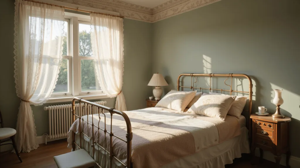 "Vintage bedroom with brass bed, floral quilts, lace curtains, antique furniture, and morning sunlight in warm tones"