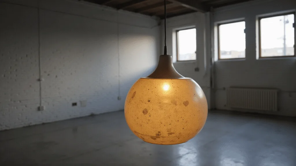 "Handcrafted ceramic pendant light casting a warm glow in a minimalist loft with natural shadows and wabi-sabi aesthetic"