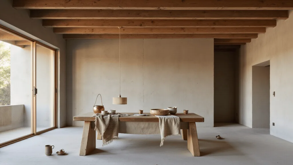 "Minimalist wabi-sabi interior during golden hour featuring weathered oak beams, raw concrete walls, handmade ceramics, and earth tones."