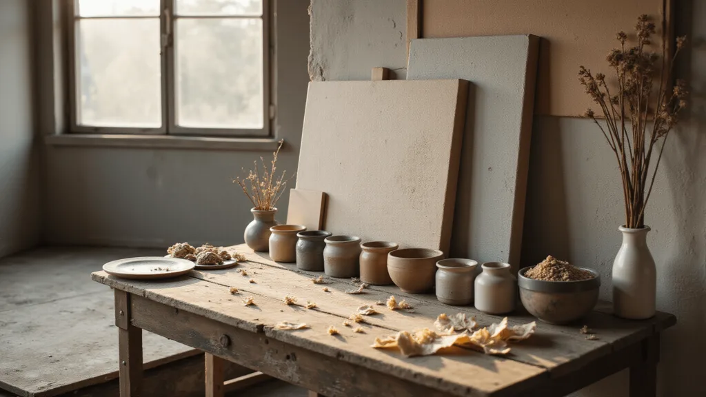 "Wabi-sabi art studio with textured canvases, earthtone paints, dried botanicals, and rustic wooden table in morning light"