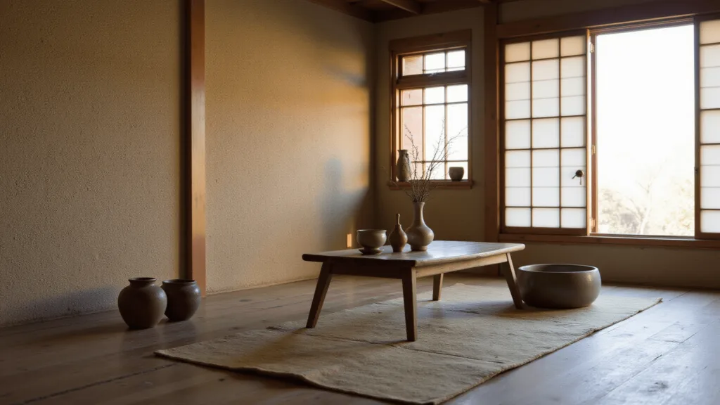 "Intimate corner of a serene Japanese tea room with natural light, ceramic vessels, ikebana arrangement and weathered décor"