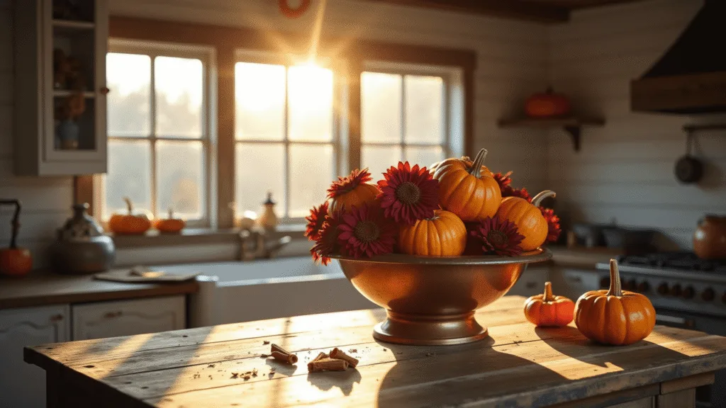 "Sunlit farmhouse kitchen with white shiplap walls, wooden beams, copper bowl with pumpkins and dahlias on an island, and golden hour lighting."