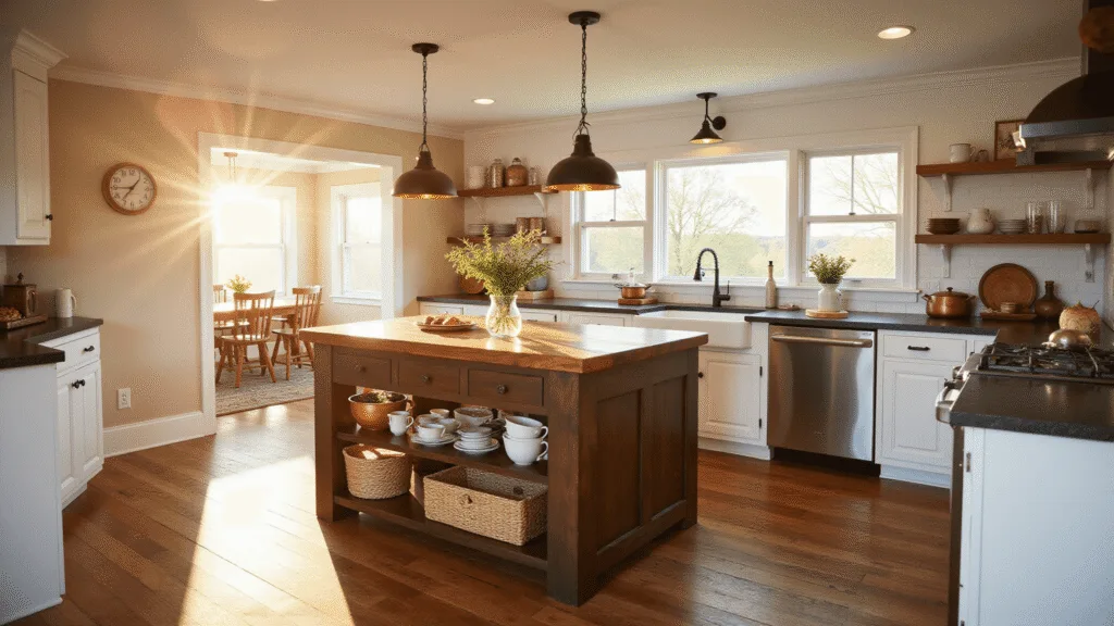 "Cozy farmhouse kitchen with warm sunlight, an apron-front sink, wooden island, vintage decor and industrial lighting"