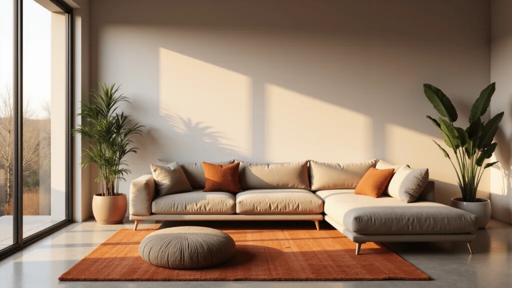 "Spacious living room in golden hour lighting, featuring a greige velvet sofa, terracotta rugs and minimalist decor with floor-to-ceiling windows"