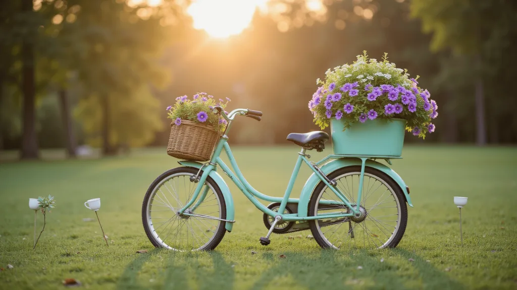 "Vintage bicycle planter with petunias and alyssum in whimsical garden at sunset, surrounded by teacup succulent stakes and fairy lights"