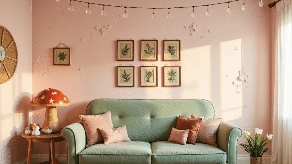 "Dreamy interior with pink walls, gold star accents, sage green mid-century sofa, and whimsical decorations bathed in golden hour light"