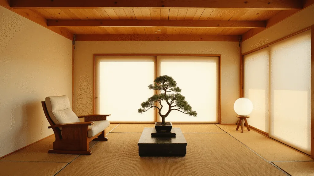 "Minimalist Japanese living room with warm sunlight through shoji screens, wooden beams, bamboo flooring, and a lone bonsai tree on a black stone platform."