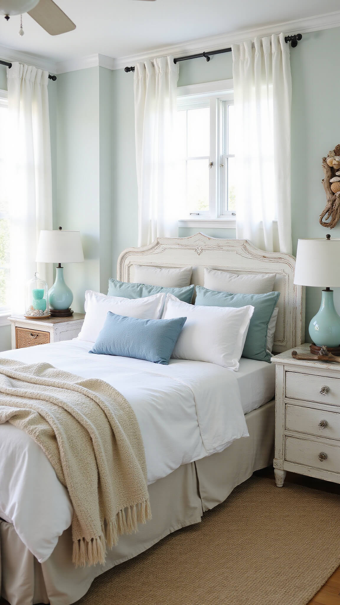 Coastal bedroom with whitewashed bed, sea-glass blue linens, rattan nightstands, and sunlight streaming through linen curtains.