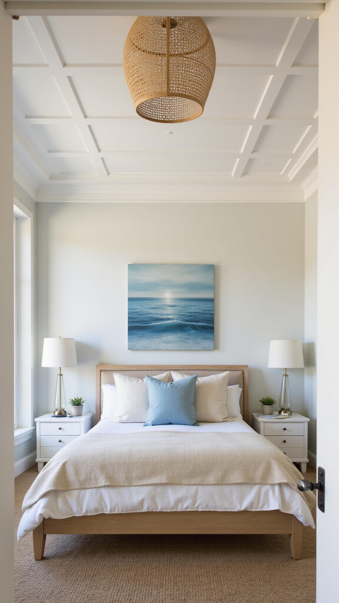 Primary bedroom at golden hour with cloud white tray ceiling, rattan pendant lighting, king bed with linen headboard, layered coastal bedding, matching nightstands, and abstract seascape artwork.