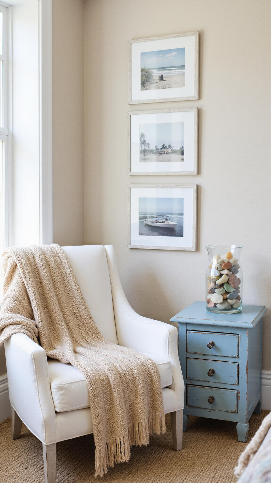 Coastal bedroom corner with white reading chair, oatmeal knit throw, vintage seaside photos, blue side table with sea glass, and sandy grasscloth wallpaper.