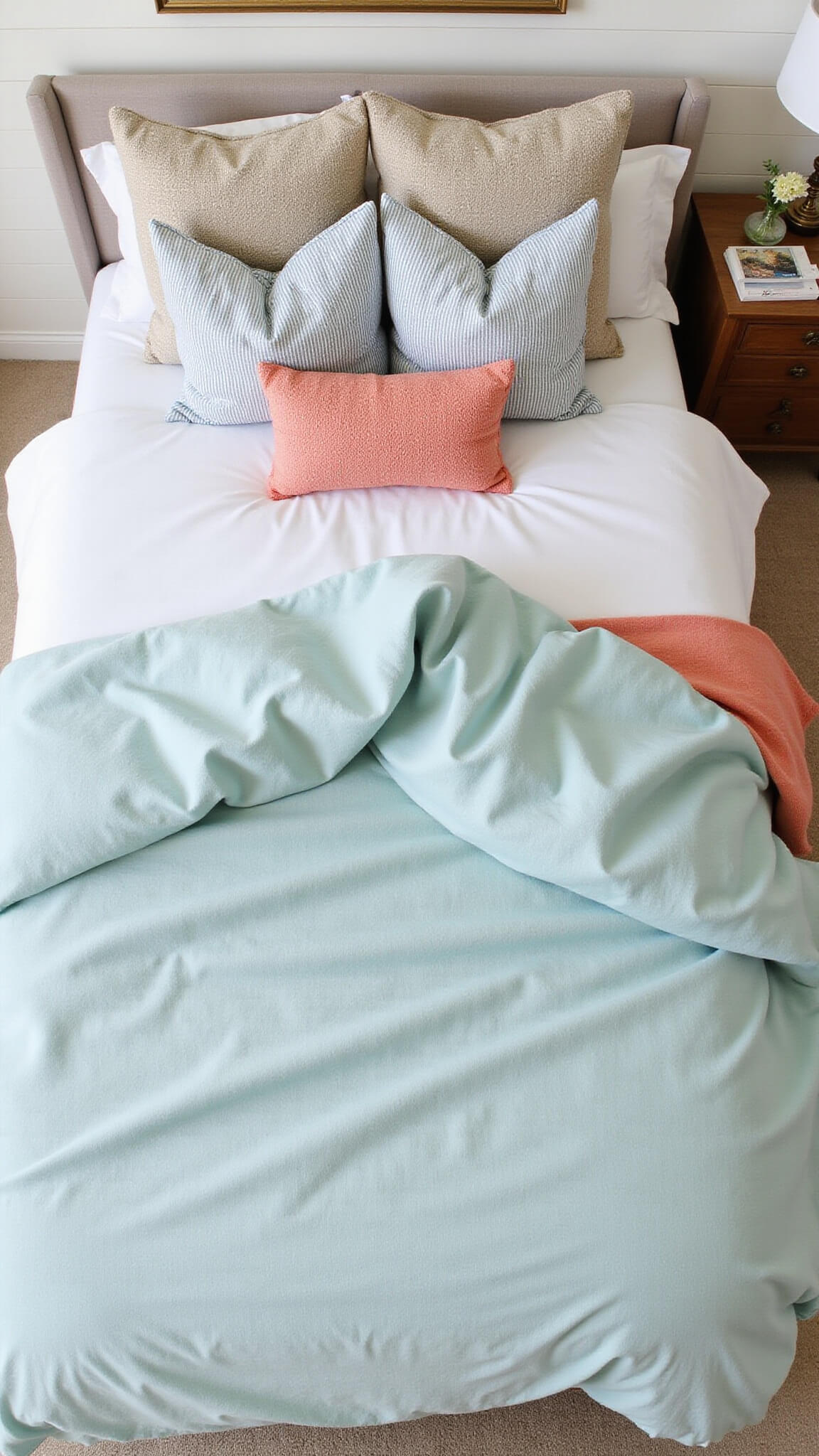 Bird's-eye view of a coastal-themed queen bed with aqua linen duvet, striped blue and white pillows, coral throw, and white shiplap walls.