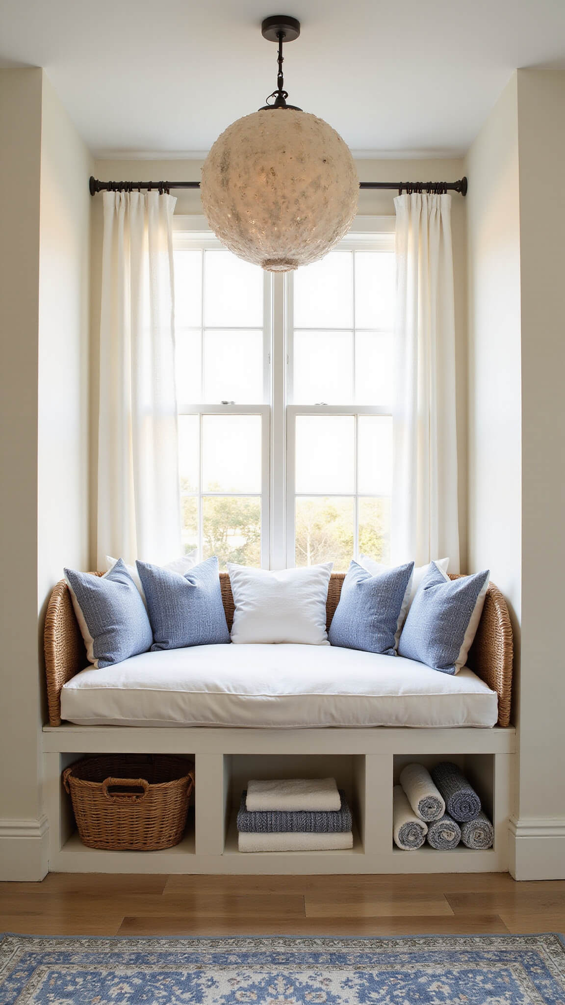 Coastal bedroom at sunset with breezy white linen drapes, rattan daybed, blue accents, capiz shell chandelier, and sunlit window seat with beach decor.