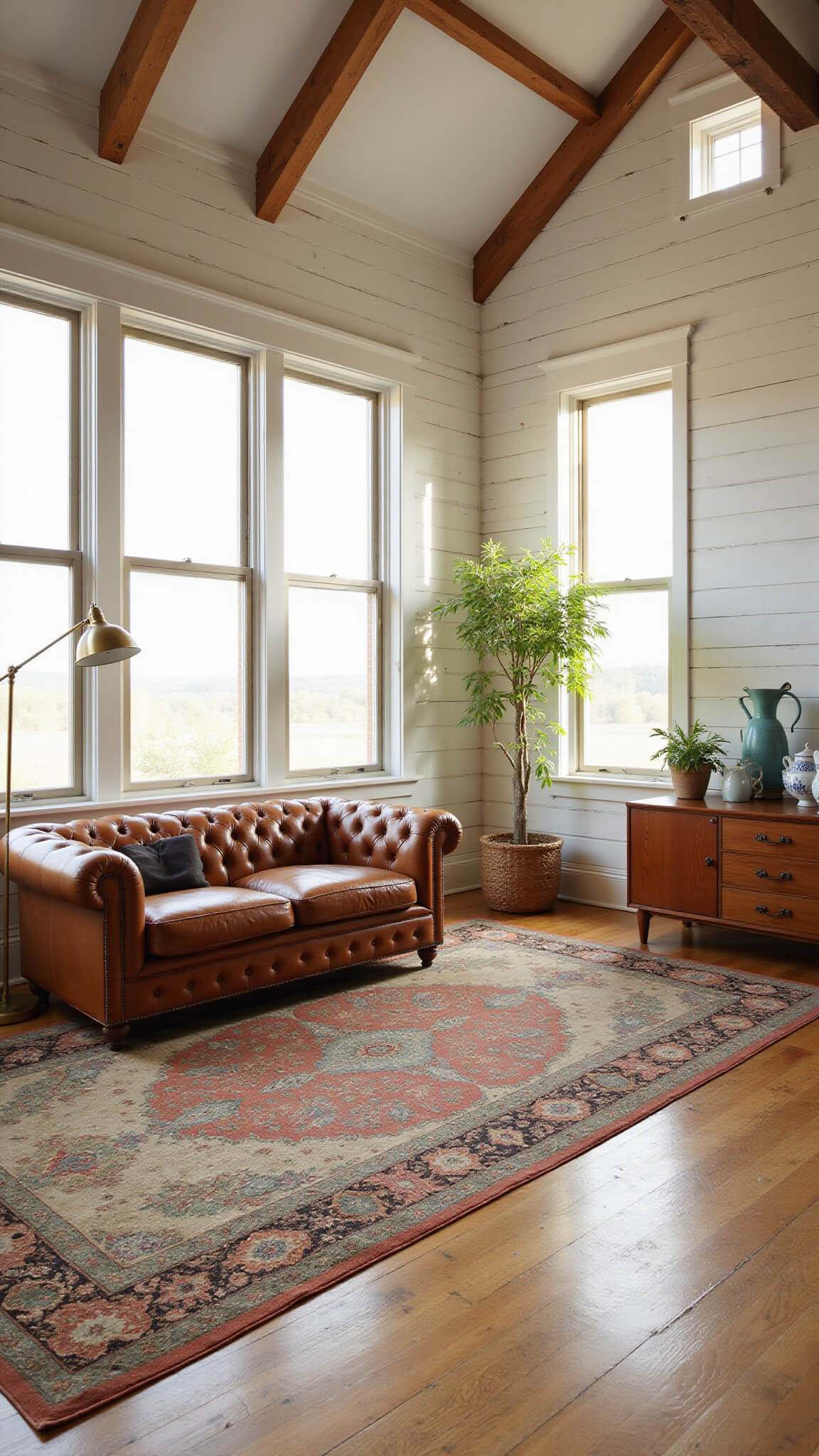 Cozy living room with early morning light, cognac leather Chesterfield sofa, brass floor lamps, vintage rugs, and wooden beams.