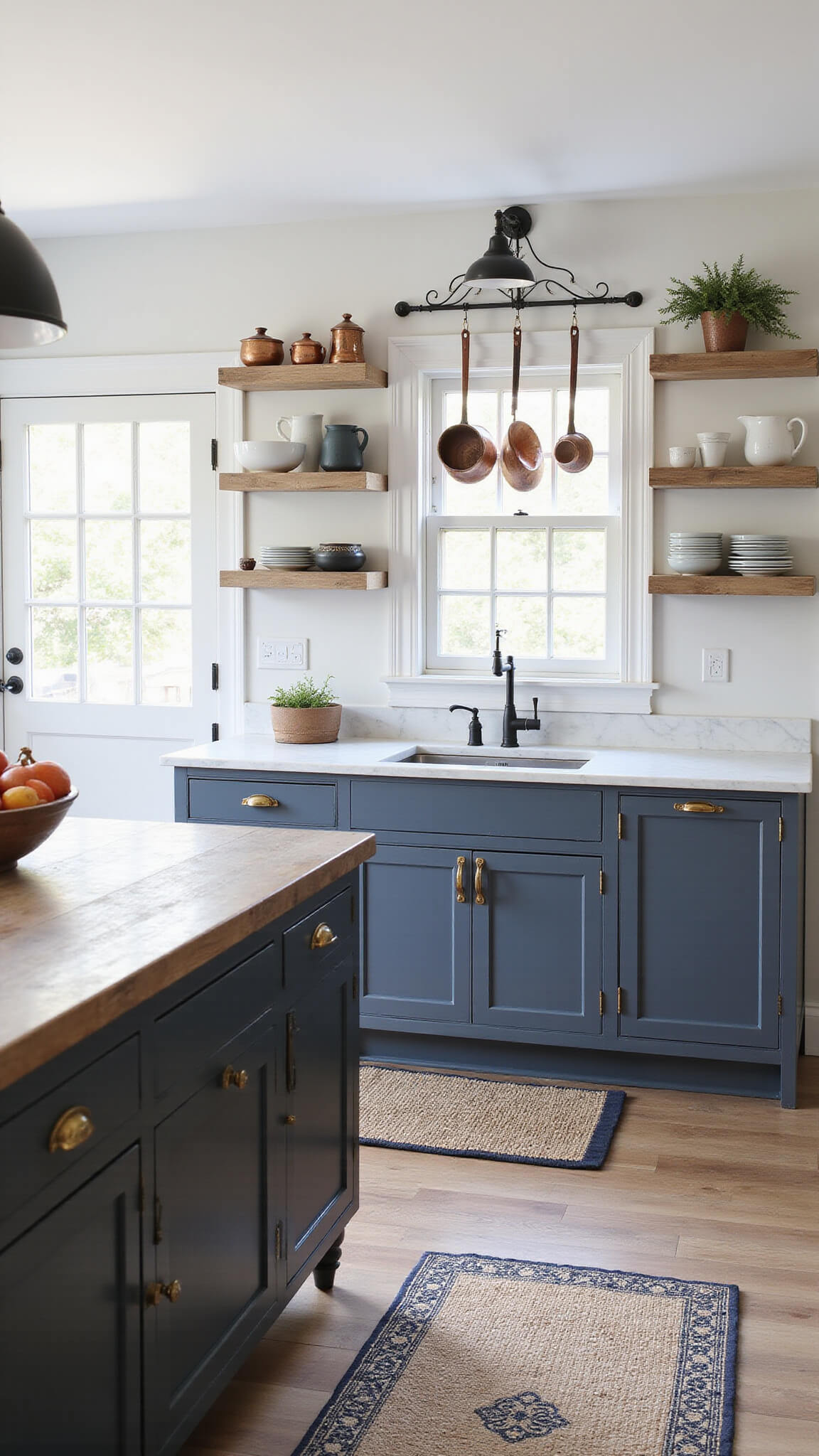 Farmhouse kitchen with slate blue cabinets, white marble countertops, and copper pots above a wood-topped island, lit by afternoon sunlight through shaded windows.