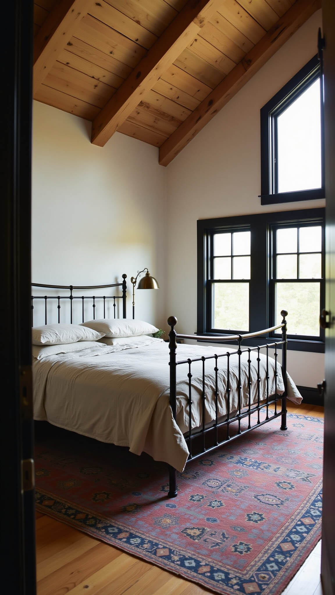 Master bedroom at dusk with vaulted ceiling and barn wood beams, antique iron bed in oatmeal Belgian linen, kilim rug in faded rose and indigo, moody lighting highlighting textures and architectural features.