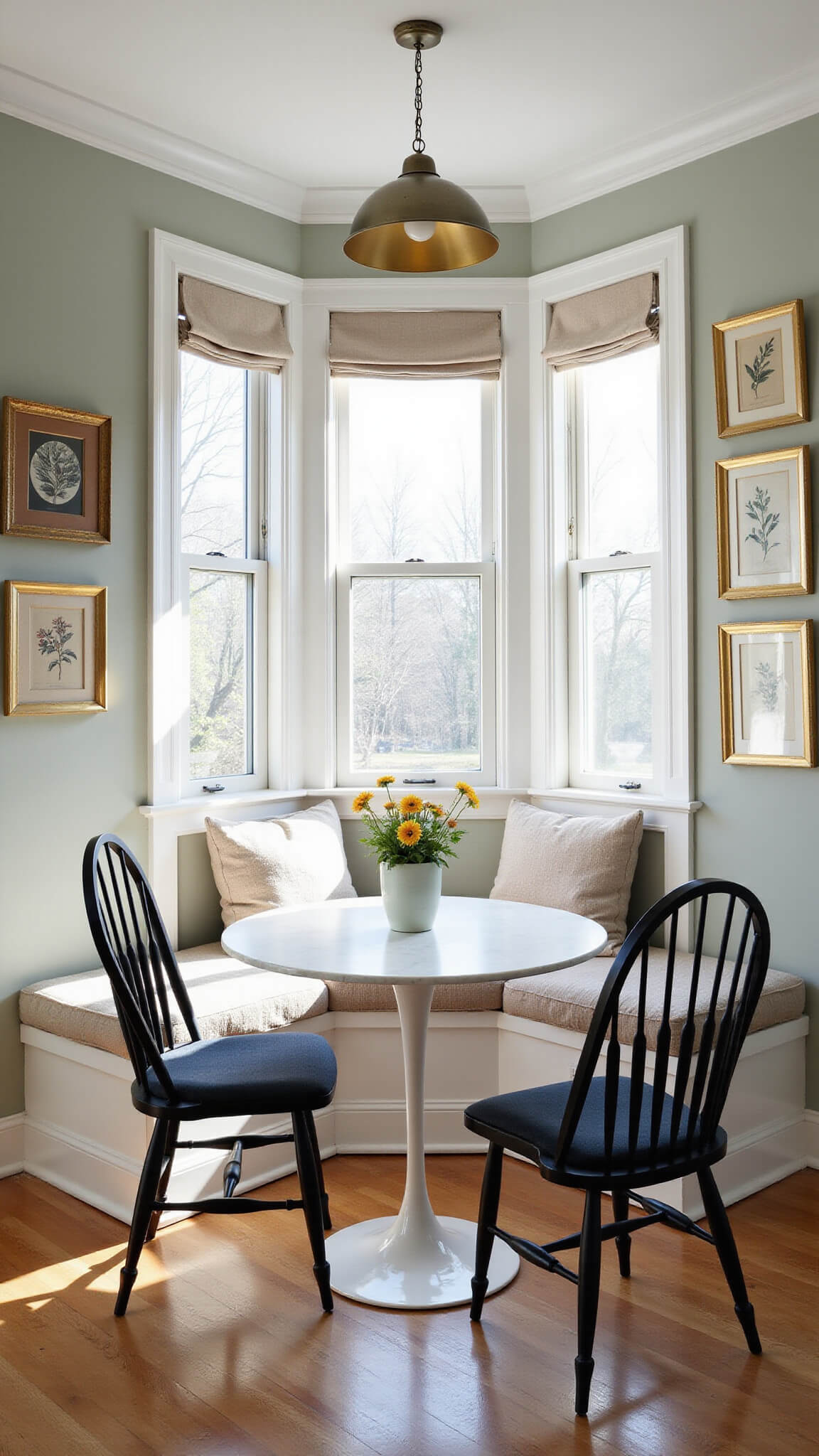 Sunlit breakfast nook with bay window, white marble tulip table, black Windsor chairs, and gallery wall of brass-framed art.