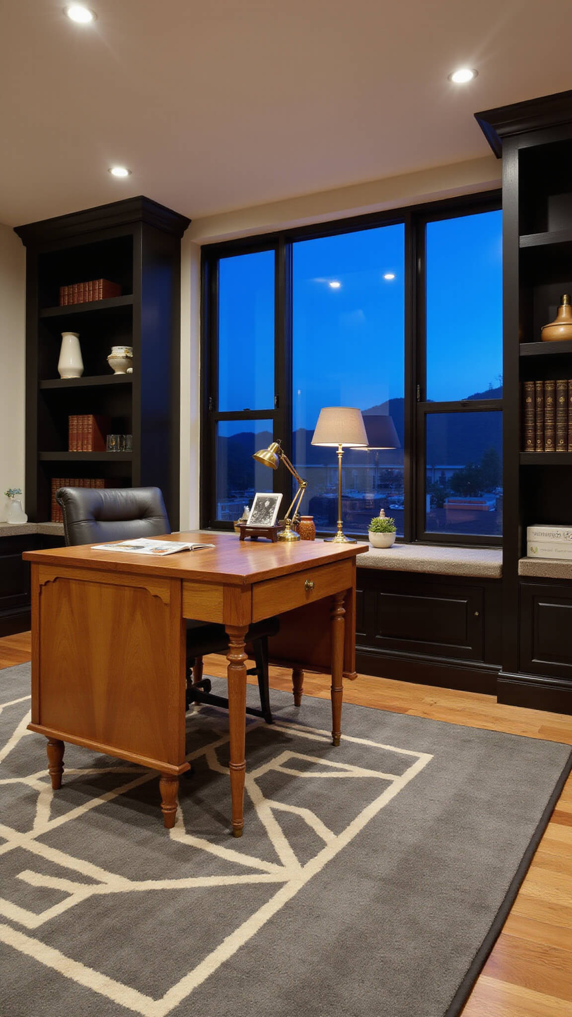 Home office with vintage oak partners desk on geometric rug, modern and antique lighting, built-in shelves with books and ceramics, and abstract art backdrop during blue hour.