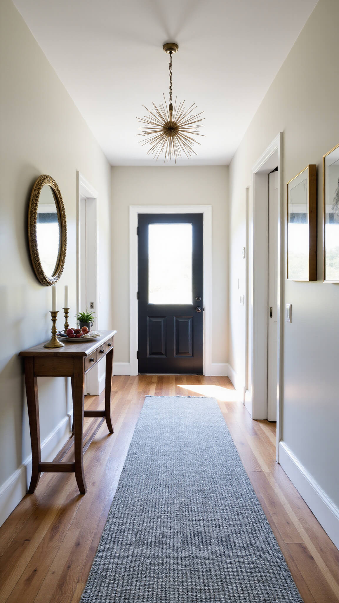Modern entryway with high ceiling, sputnik chandelier, vintage oak console, steel blue runner, and farmhouse door illuminated by natural light.