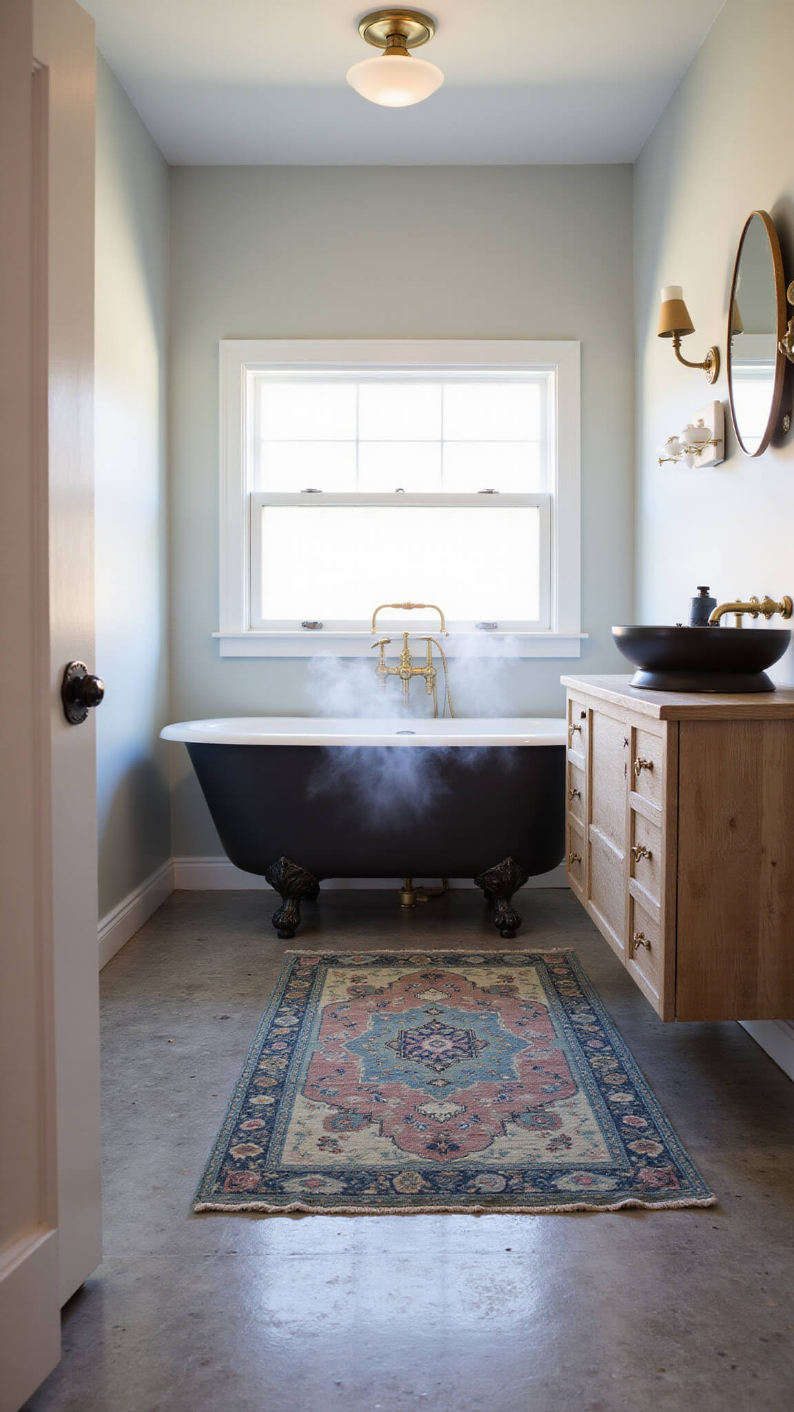 Primary bathroom with matte black clawfoot tub under privacy glass window, vintage Turkish rug on hex tile floor, floating oak vanity with brass fixtures, antique brass mirror, modern sconces, and morning light with steam.