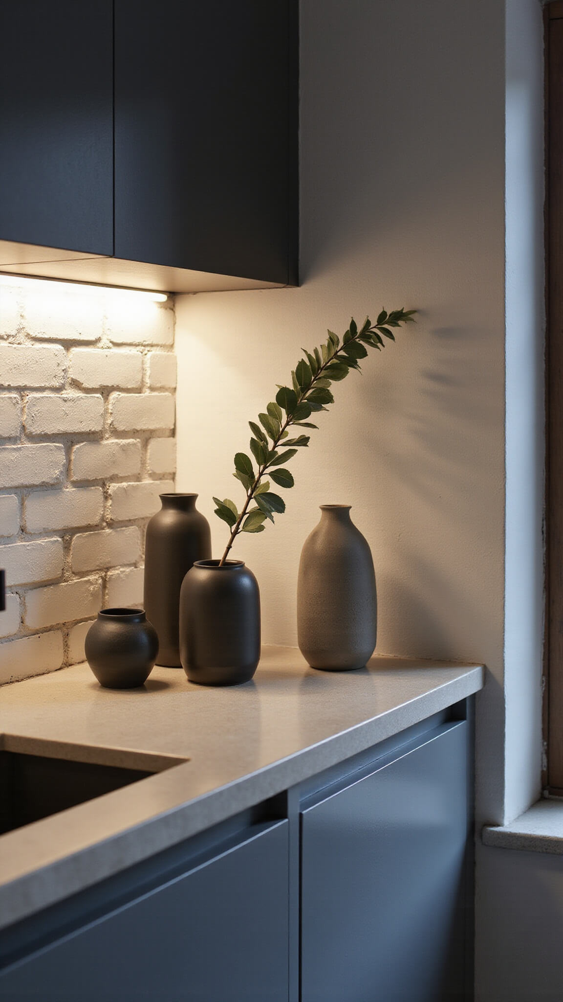Nordic kitchen corner at dusk with concrete countertops, whitewashed brick backsplash, handmade ceramic vessels, and eucalyptus branch, lit by soft window light and warm under-cabinet LEDs.