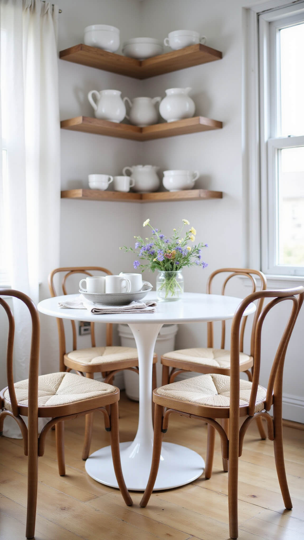Nordic breakfast nook with tulip table, bentwood chairs, and ceramic coffee set in soft morning light.