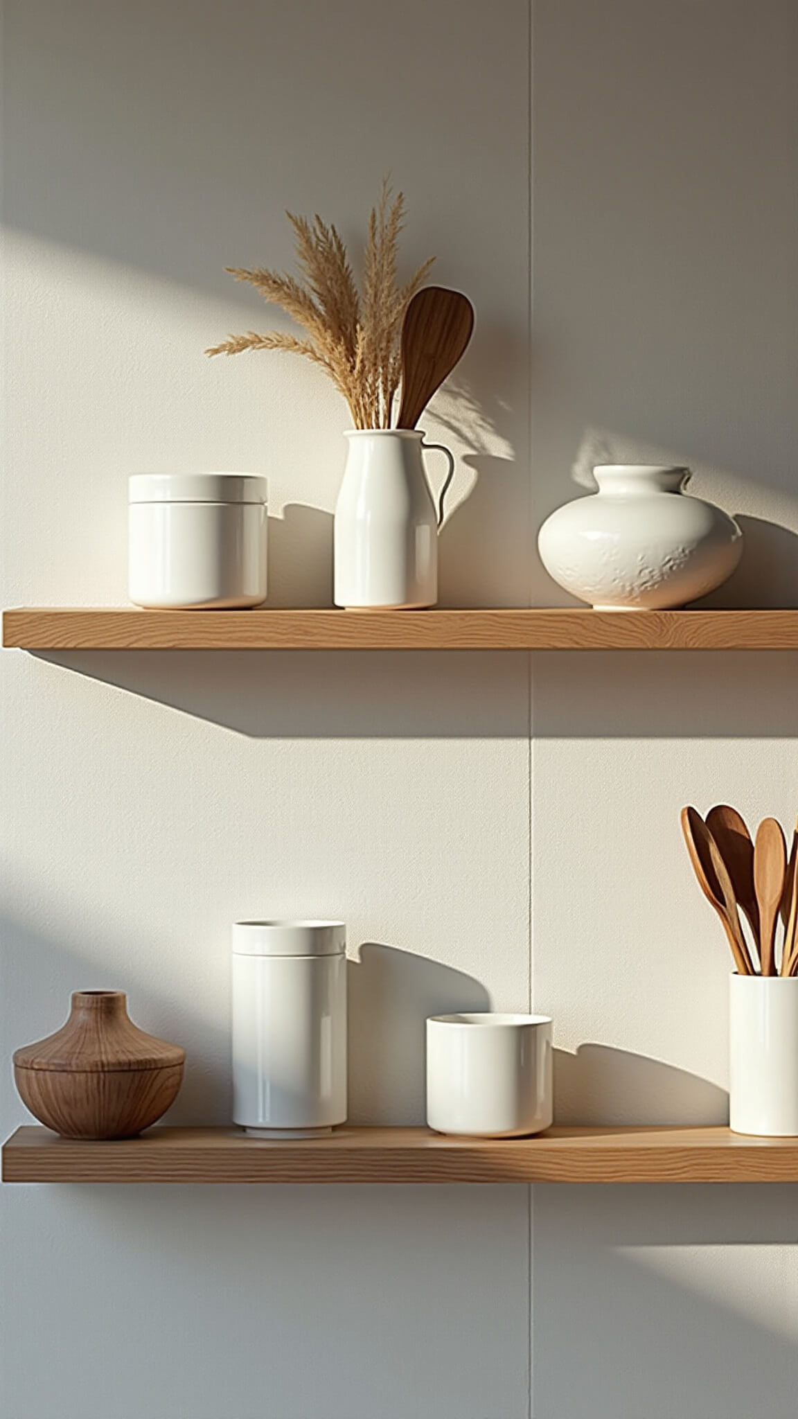 Close-up of Nordic kitchen shelving with white ceramics, glass jars, wooden utensils, and dried grasses, lit by afternoon sun against a textured plaster wall.