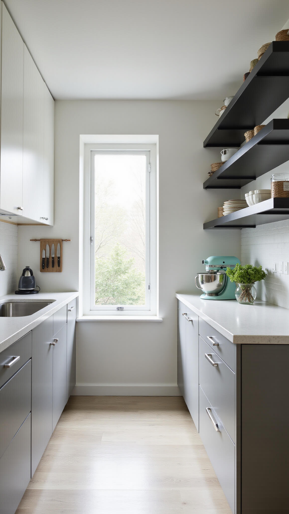 Modern minimalist galley kitchen at dawn with white and light gray cabinets, quartz countertops, and a mint green stand mixer.