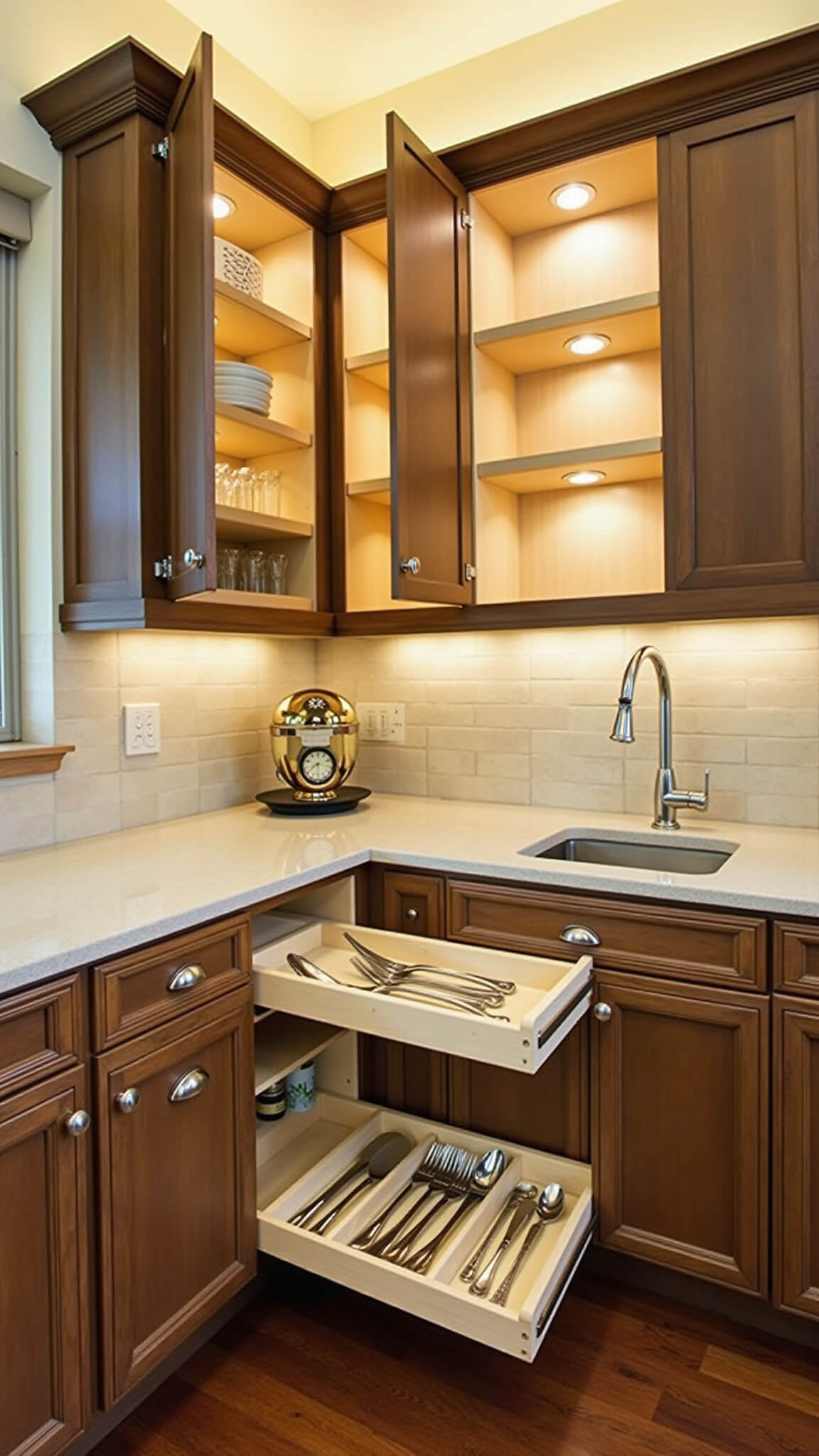 Compact L-shaped kitchen with open cabinets showing pull-out pantry organizers, toe-kick drawers, and neatly divided utensil drawers, all under warm lighting with beige cabinetry and walnut accents.