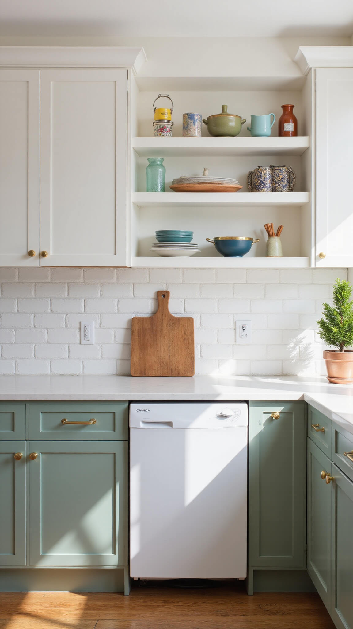 U-shaped kitchen with Simply White upper cabinets, sage green lower cabinets, matte gold hardware, white subway tile backsplash, floating shelves with colorful ceramics, and a small citrus tree in a copper pot, lit by mid-morning light.