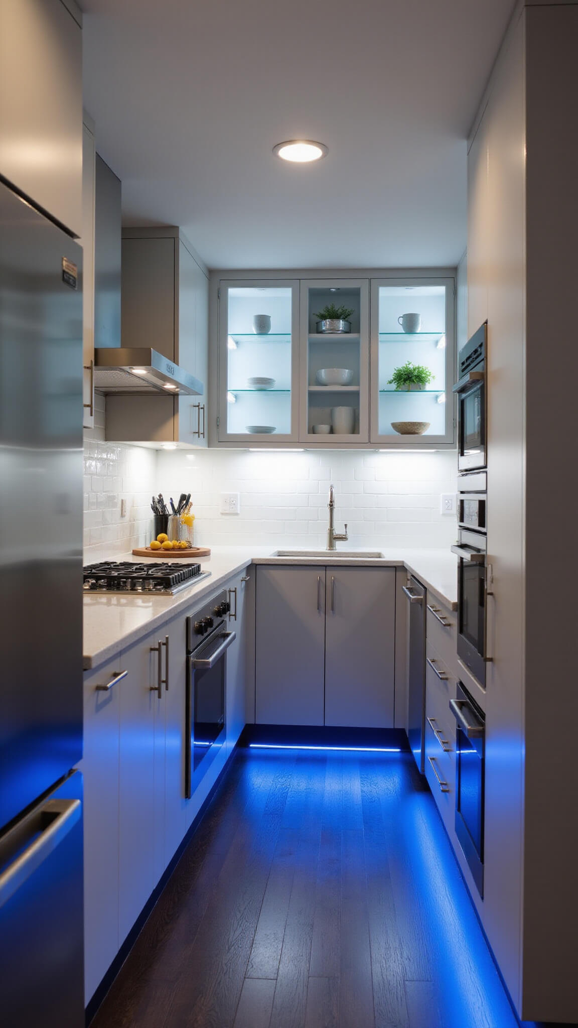 Modern galley kitchen at dusk with layered cool white lighting, reflective surfaces, and minimalist light gray cabinetry.