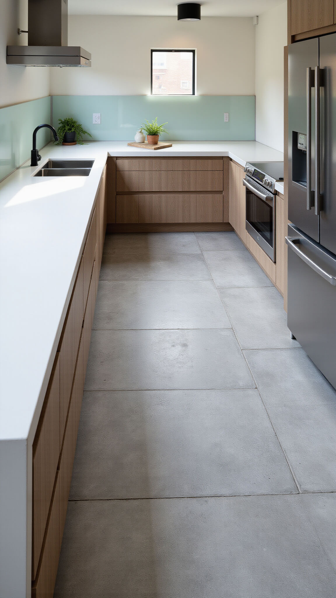 Bird's-eye view of modern 85 sq ft kitchen with diagonal gray porcelain tiles, white quartz counters, glass backsplash, stainless steel appliances, and matte black fixtures in morning light.