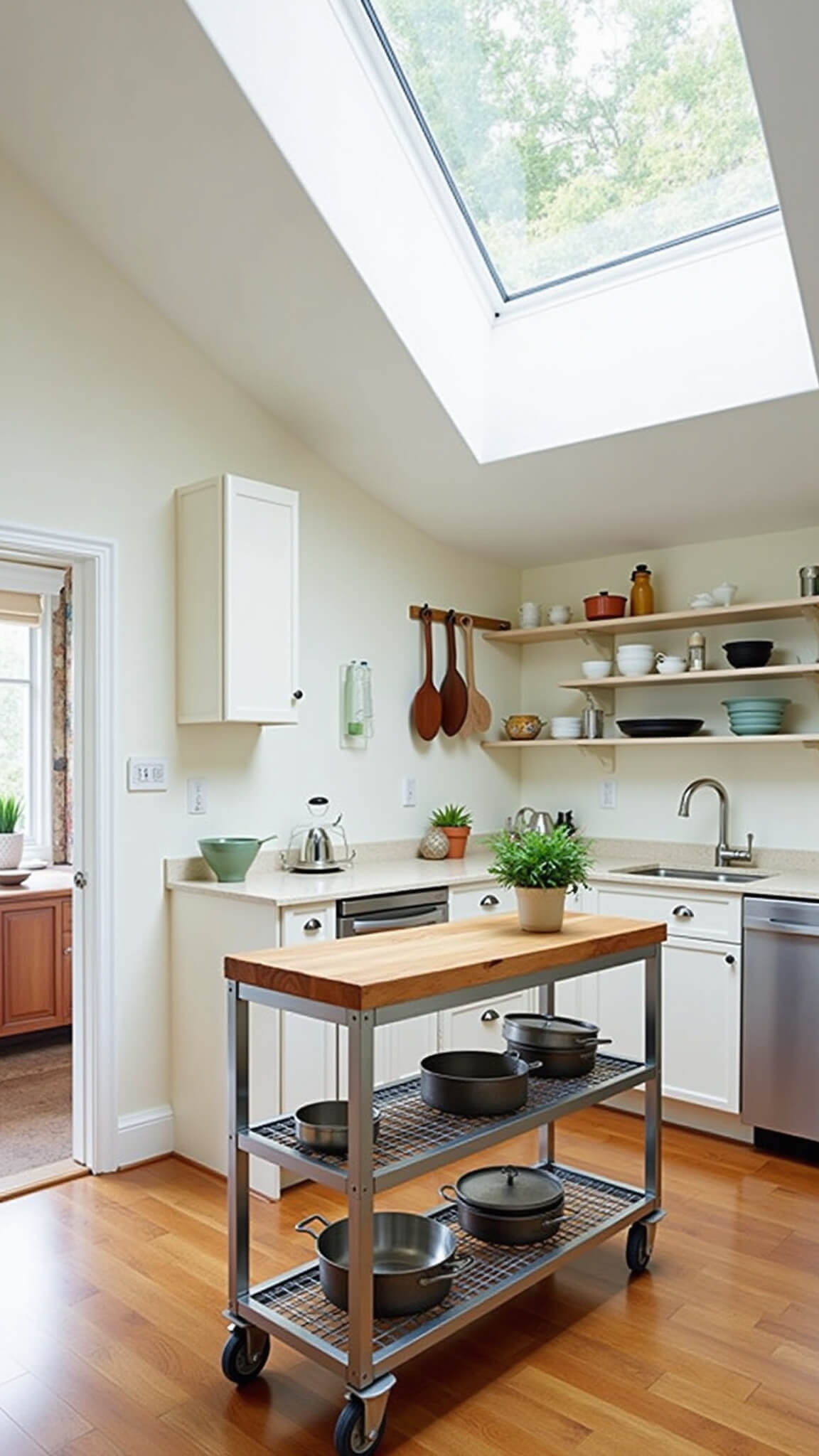 Mid-day kitchen with stainless steel rolling cart island, surrounded by white cabinets, open shelves with copper cookware, nesting tables in corner, under soft skylight lighting.