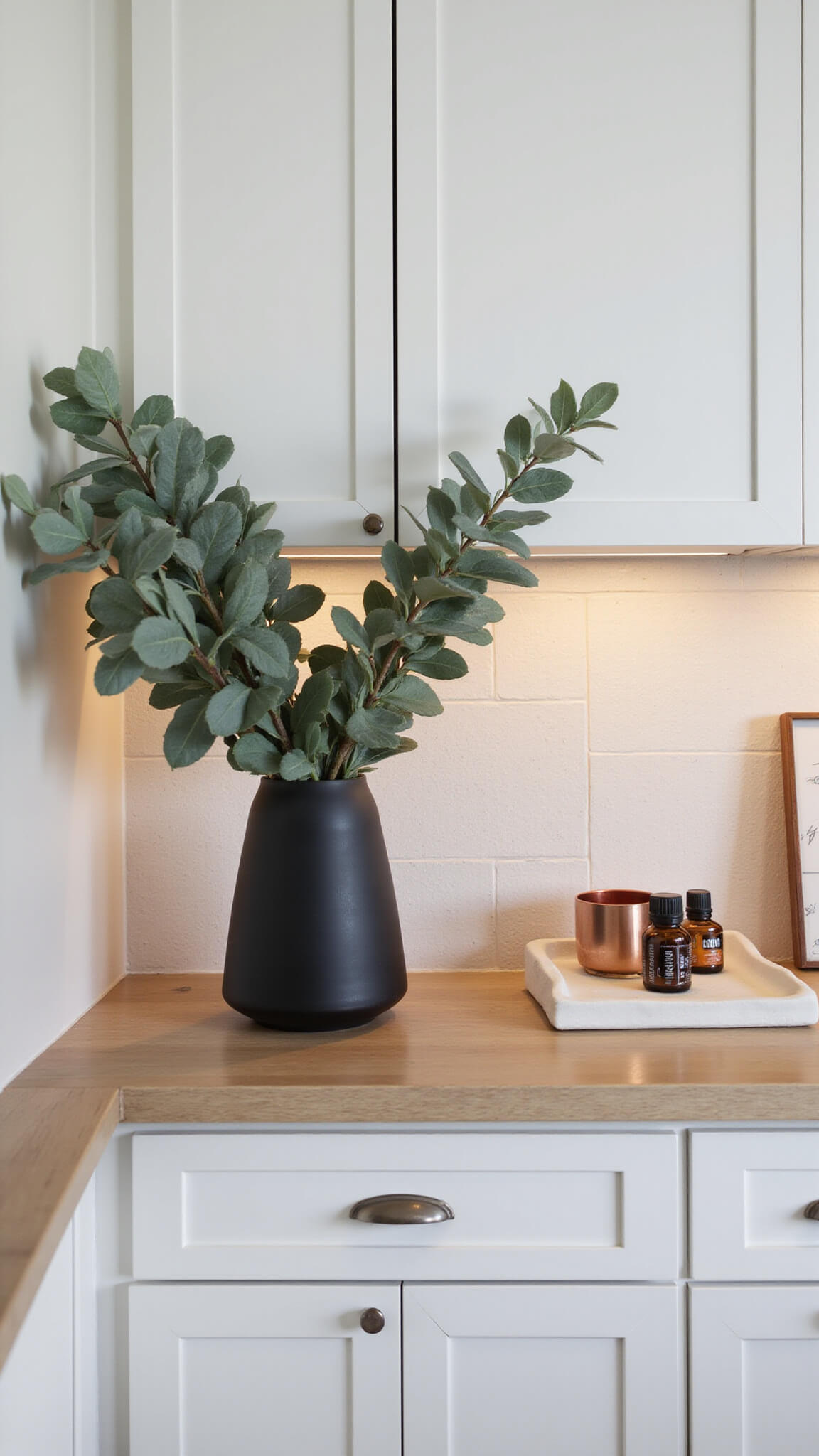 Modern minimalist kitchen with white cabinetry, copper accents, and a matte black vase holding eucalyptus as focal point on cleared counters.