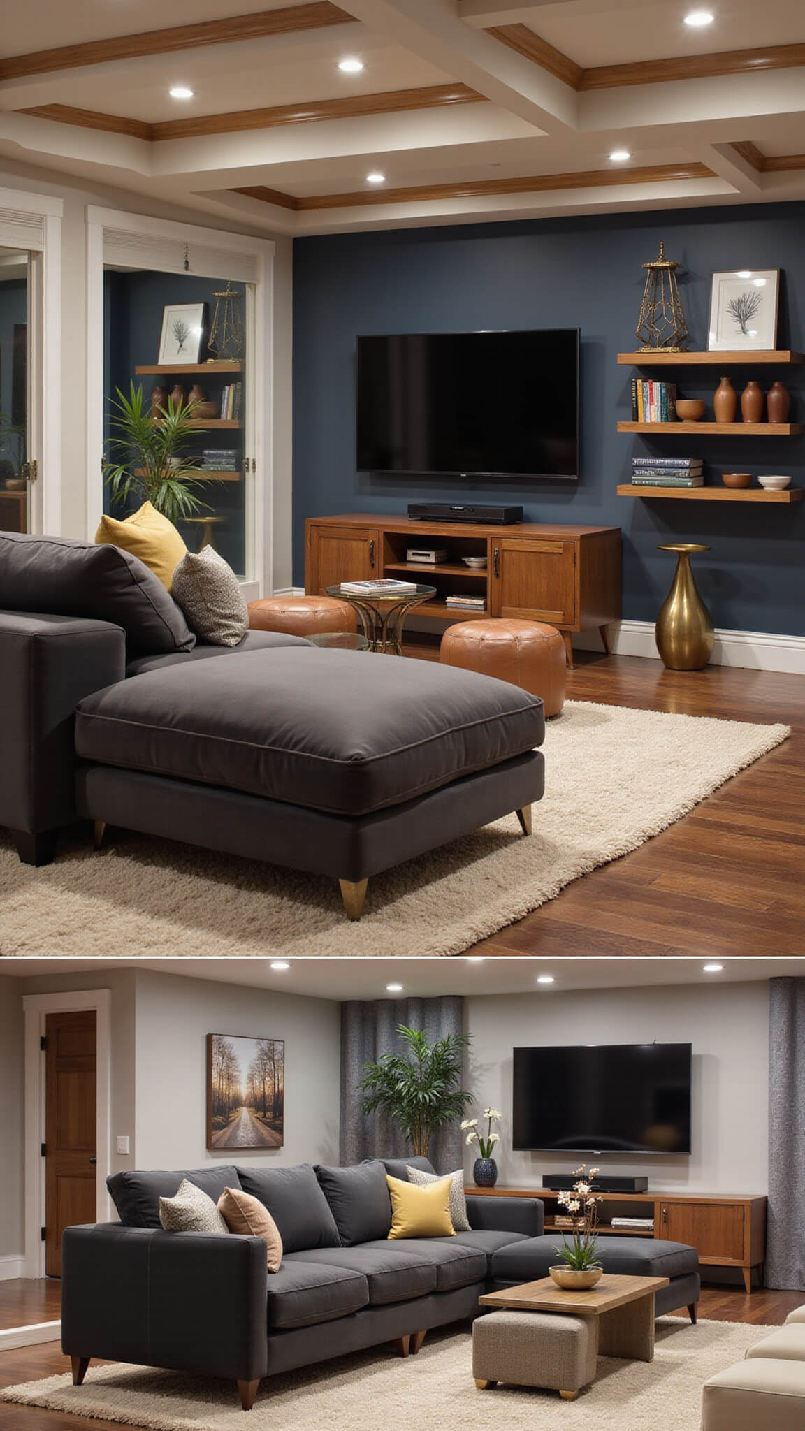 Modern basement rec room with L-shaped charcoal sectional, 75-inch TV, walnut media console, coffered ceilings, brass accents, and ambient LED lighting.