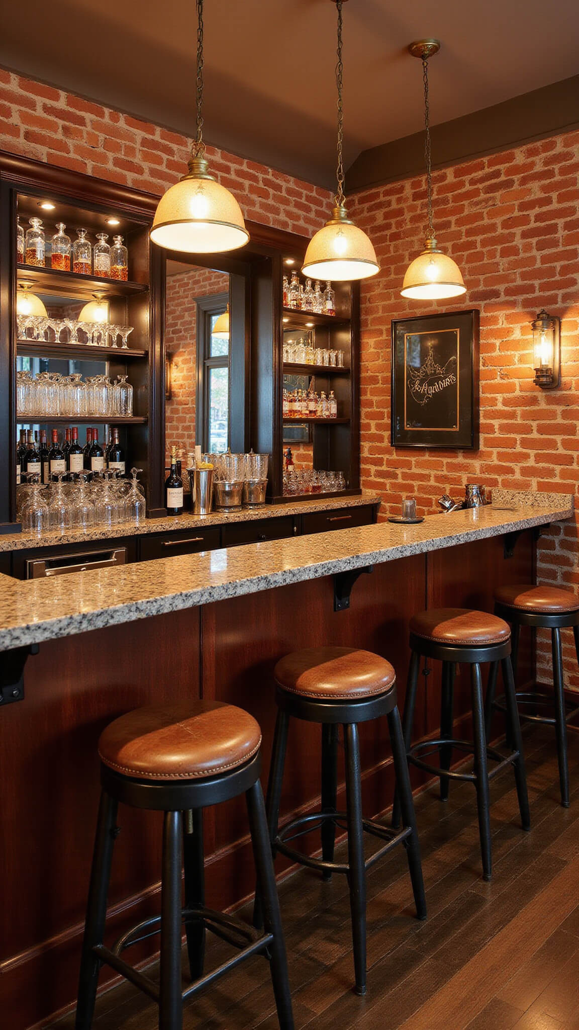 Intimate speakeasy-style home bar with mahogany and granite finishes, vintage lighting, exposed brick, and premium spirits on glass shelves.