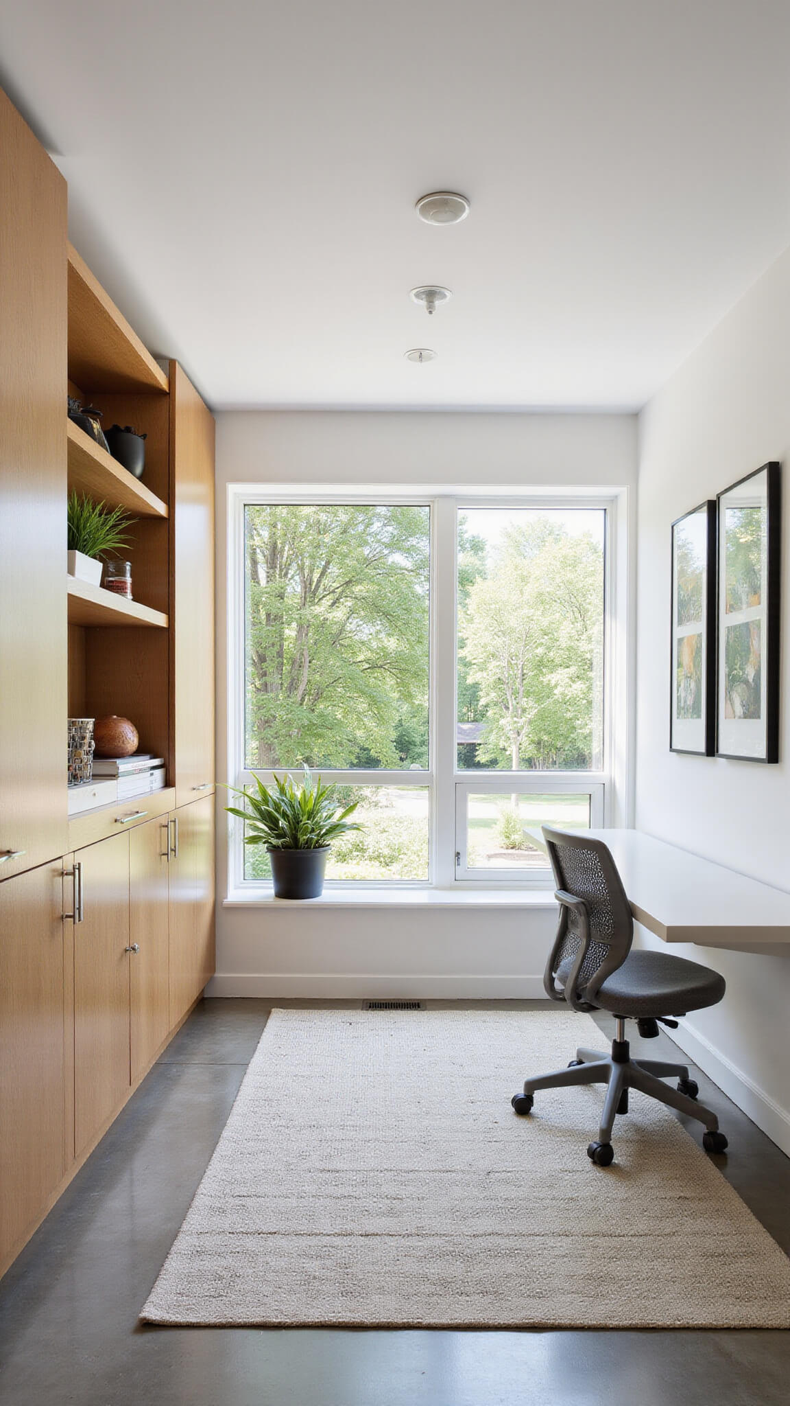 Modern basement home office with oak built-ins, large garden-view window, ergonomic chair, and natural lighting.
