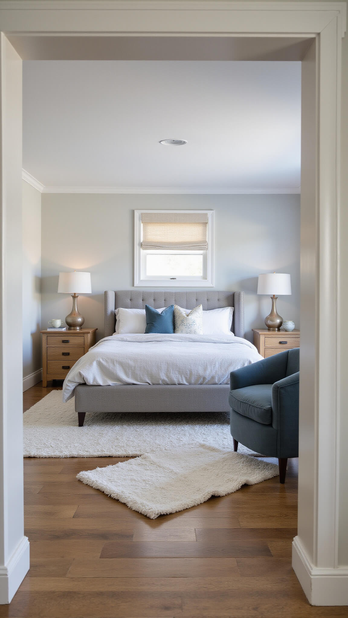 Luxury guest bedroom with queen bed, soft grey headboard, layered white and pale blue bedding, matching oak nightstands, ceramic lamps, slate blue velvet armchair, hardwood floors, area rug, and natural morning light.