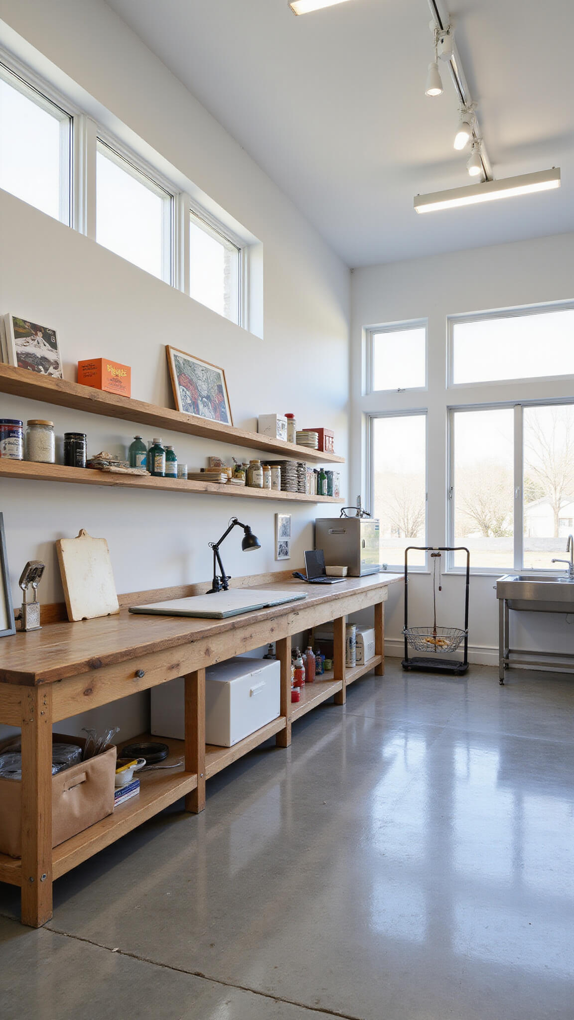 Bright multi-purpose creative studio with white walls, large windows, reclaimed wood workbench, open shelving, polished concrete floors, easel, utility sink, and track lighting.