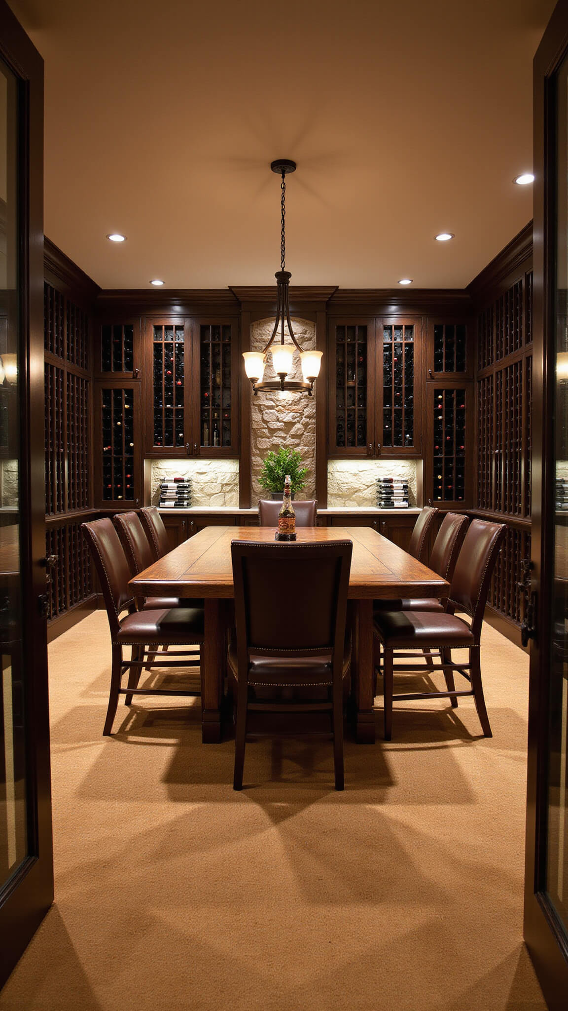 Sophisticated wine cellar with oak racks, central tasting table, stone accent wall, and moody evening lighting.