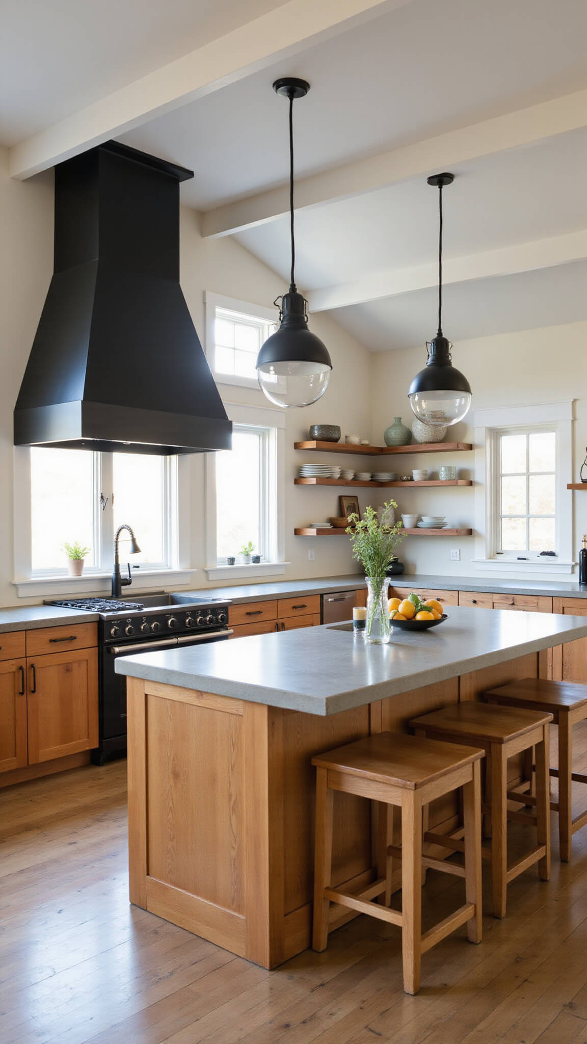 Modern farmhouse kitchen at golden hour with high ceilings, black steel hood, apron sink, warm wood cabinets, and open shelving displaying ceramics.