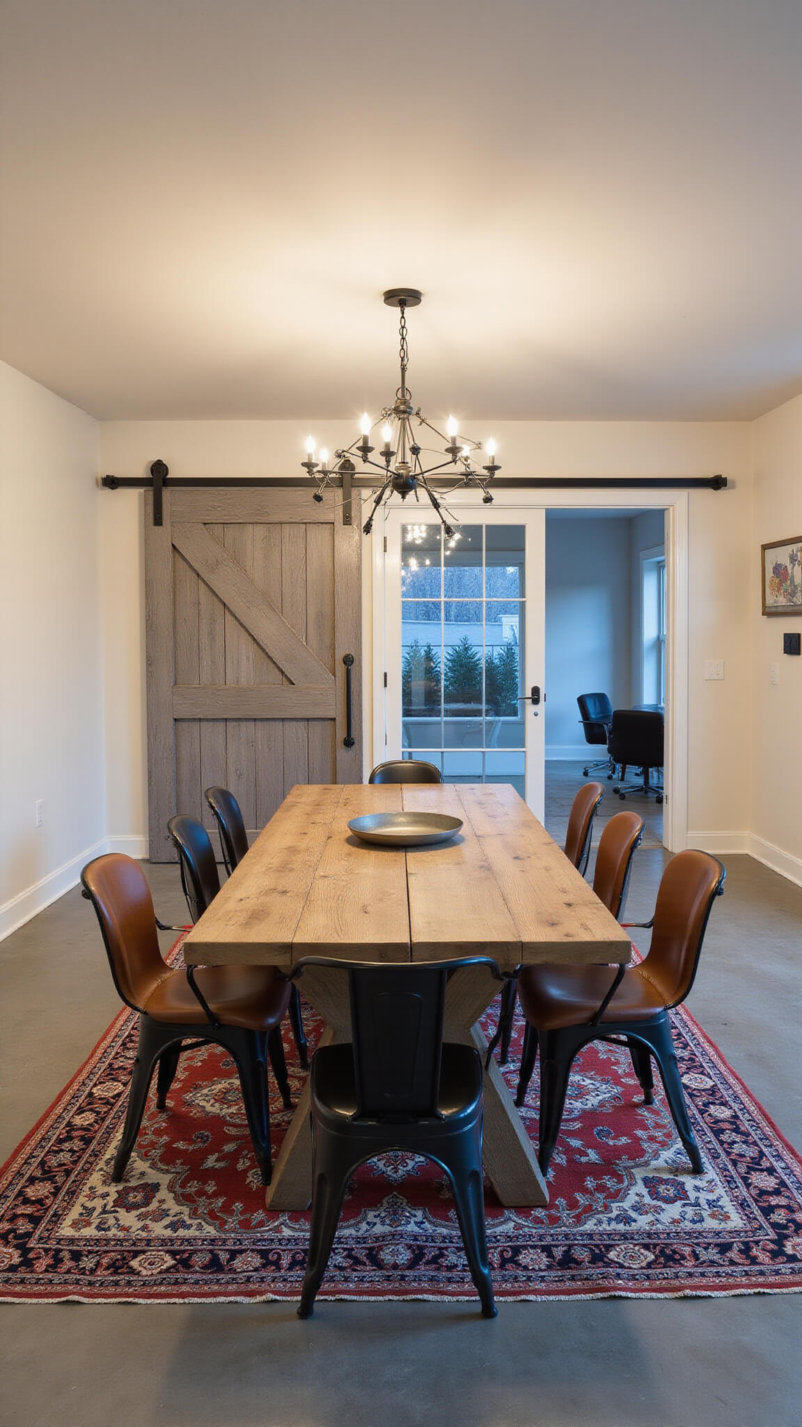Dining area at dusk with black sputnik chandelier, reclaimed wood table for 10, mixed chairs, sliding gray barn door, Persian rug on concrete floor, and warm ambient lighting.