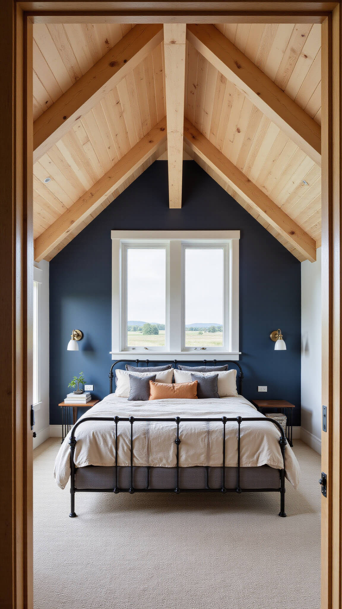 Master bedroom with vaulted ceiling, exposed pine beams, and floor-to-ceiling windows showcasing pastoral views; iron-frame king bed against navy accent wall with layered cream and gray bedding, leather pillows, and industrial sconces.