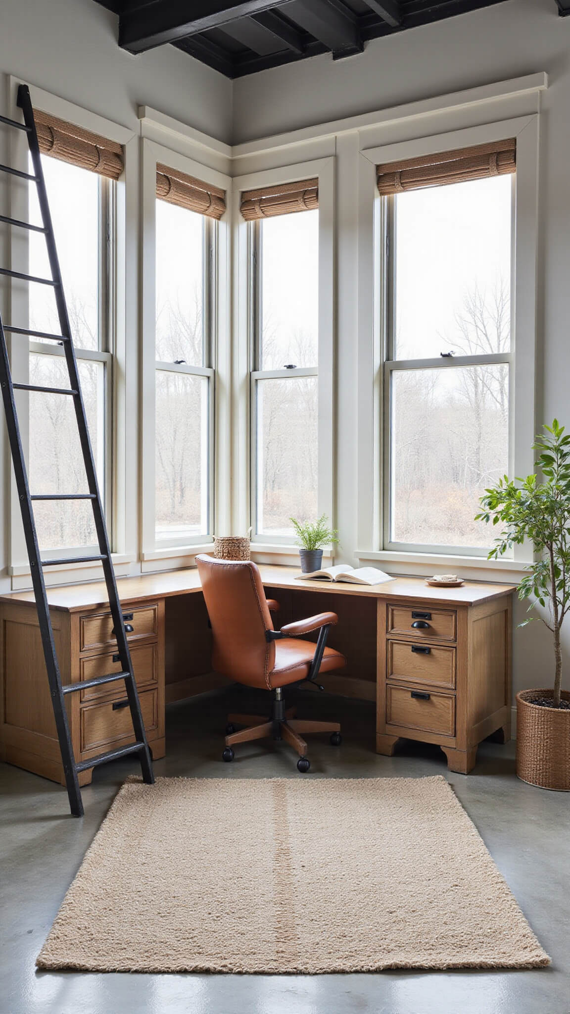 Symmetrical home office nook with built-in distressed wood desk, vintage leather chair, wool rug on concrete floor, black metal ladder, and industrial windows with sheer linen panels.
