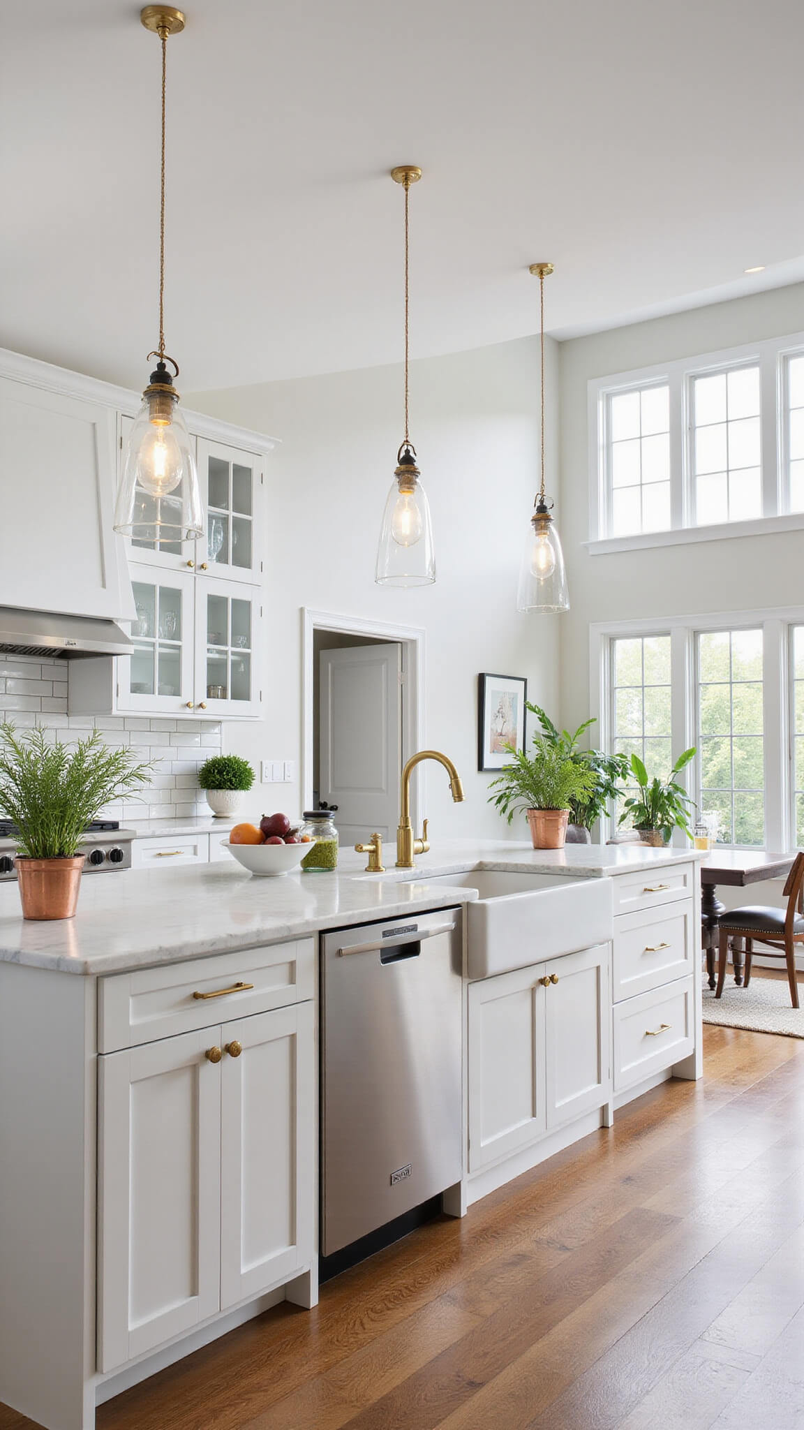 Modern white kitchen with marble island, oak floors, tall glass cabinets, and stainless appliances in morning light.
