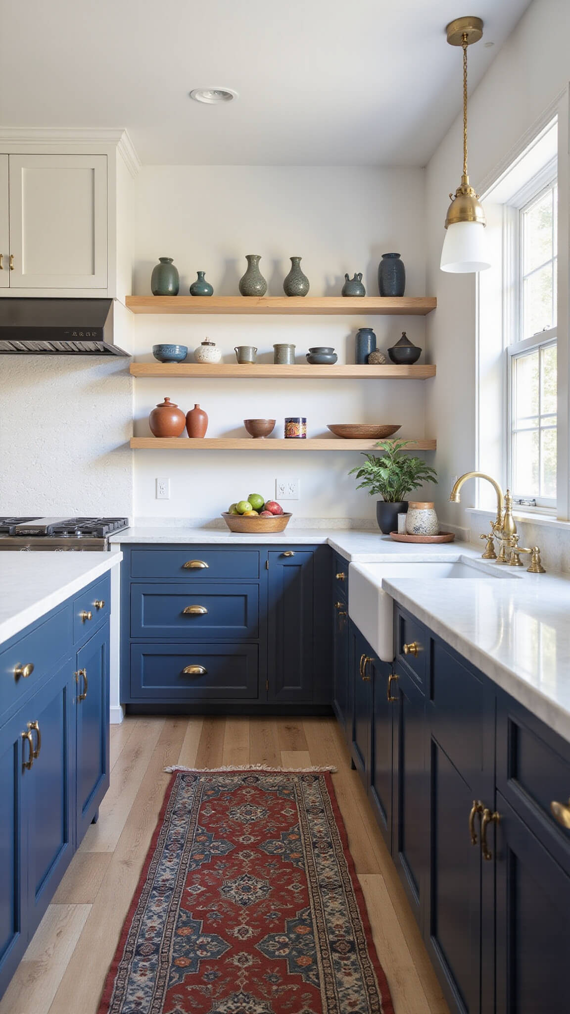 Cozy 12'x12' kitchen with navy lower cabinets, white uppers, brass accents, black appliances, marble hex backsplash, and warm afternoon light streaming through cottage windows.