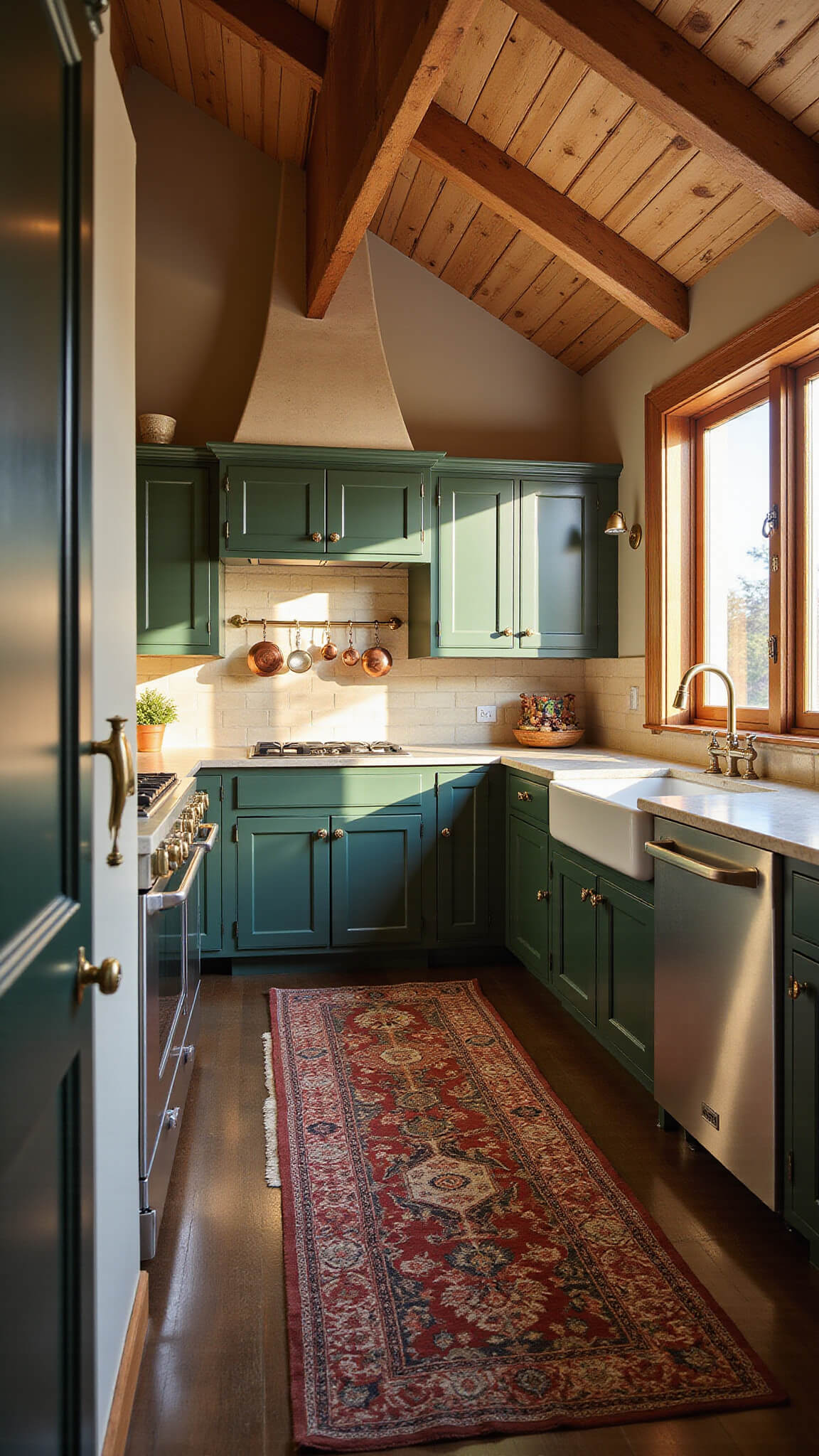 Cozy 10'x12' kitchen with emerald green inset cabinets, brass hardware, vaulted ceiling with wooden beams, cream limestone surfaces, herringbone ceramic tile backsplash, vintage Persian rug, and copper cookware on display.
