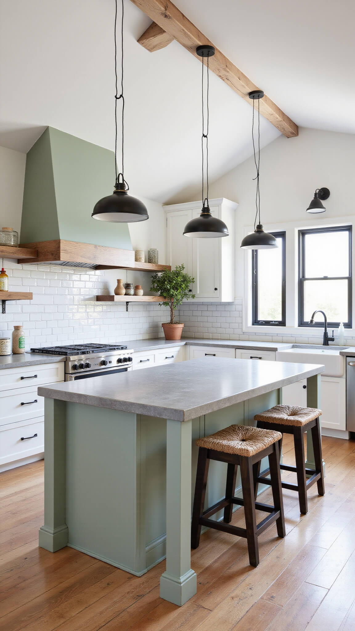Modern farmhouse kitchen with white cabinets, sage green island, concrete countertops, black pendant lights, reclaimed wood shelves, and black steel-frame windows.