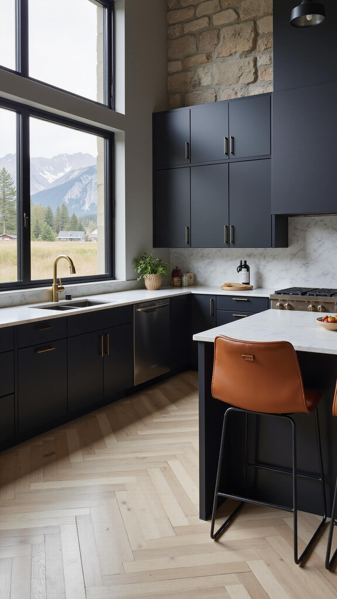 Modern kitchen with matte black cabinets, double-height windows showing mountain view, chevron bleached oak floors, white marble backsplash, mixed metal fixtures, abstract art, and cognac leather bar stools.